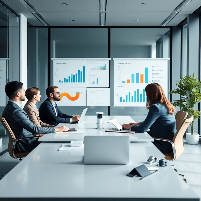 business meeting in modern office with charts and graphs
