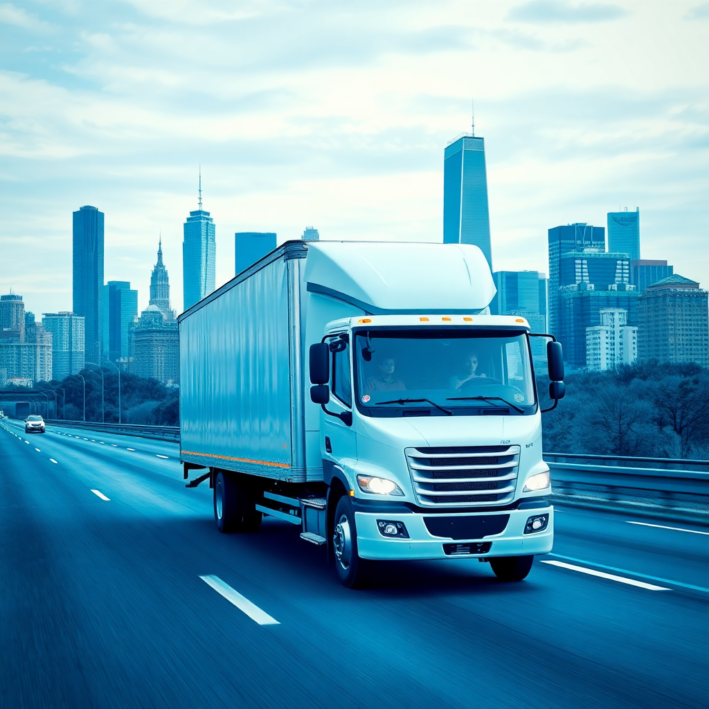 moving truck on highway with city skyline background, professional movers, blue tint