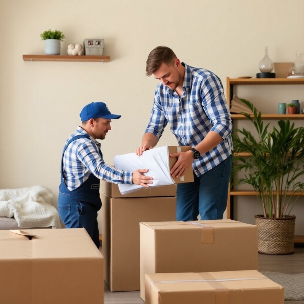 professional packers wrapping and boxing household items