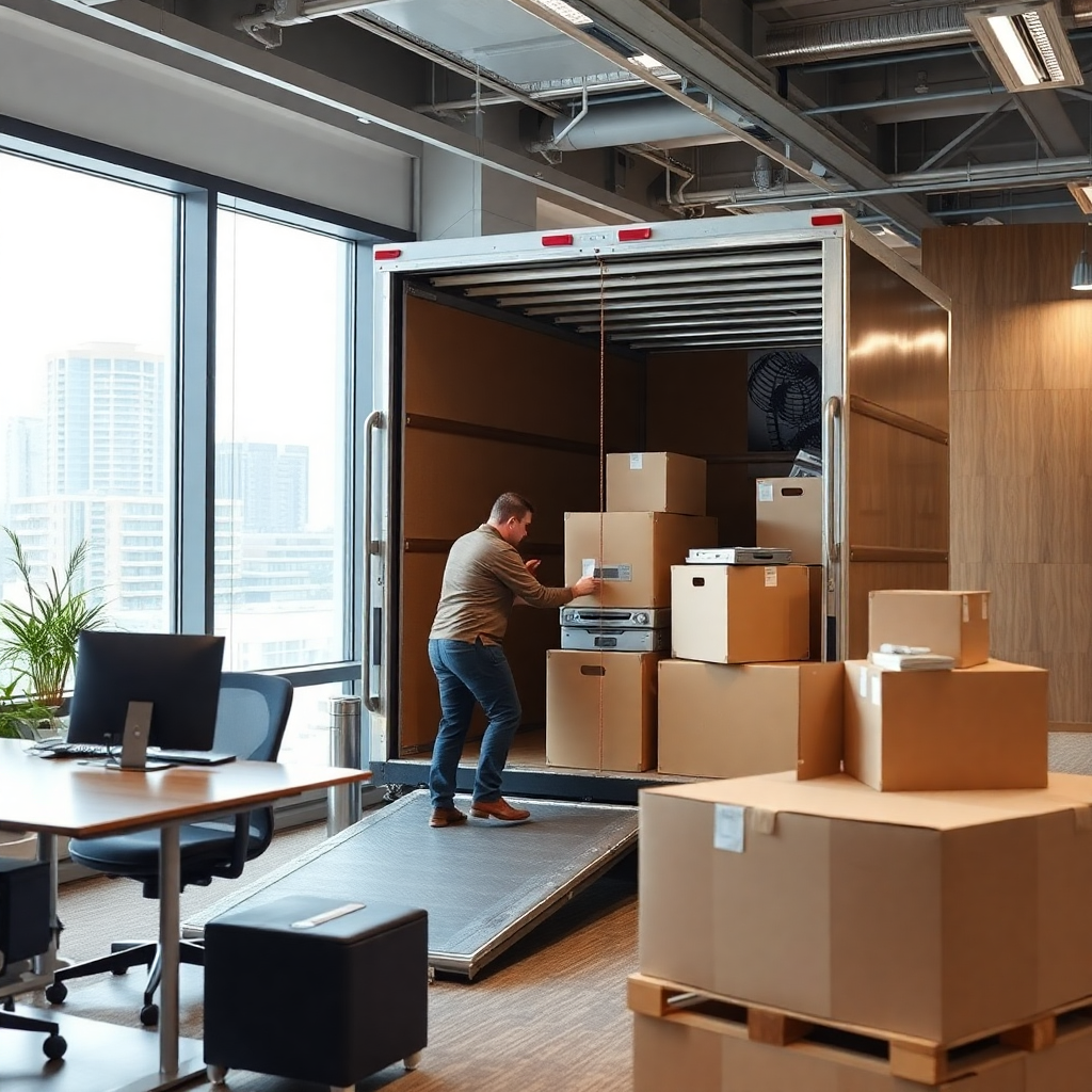movers packing and moving office equipment, corporate setting