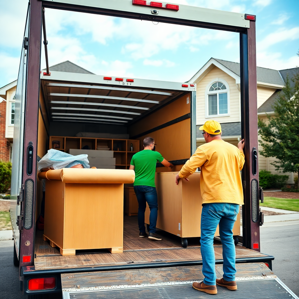 professional movers loading furniture into a moving truck, residential home in background