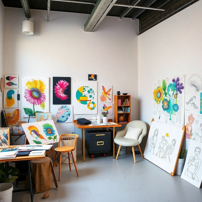 creative design studio with colorful artwork and sketches
