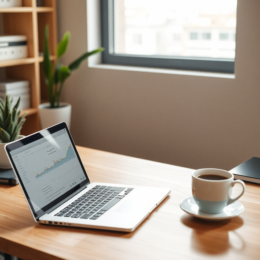 modern workspace with laptop and coffee, minimalist design